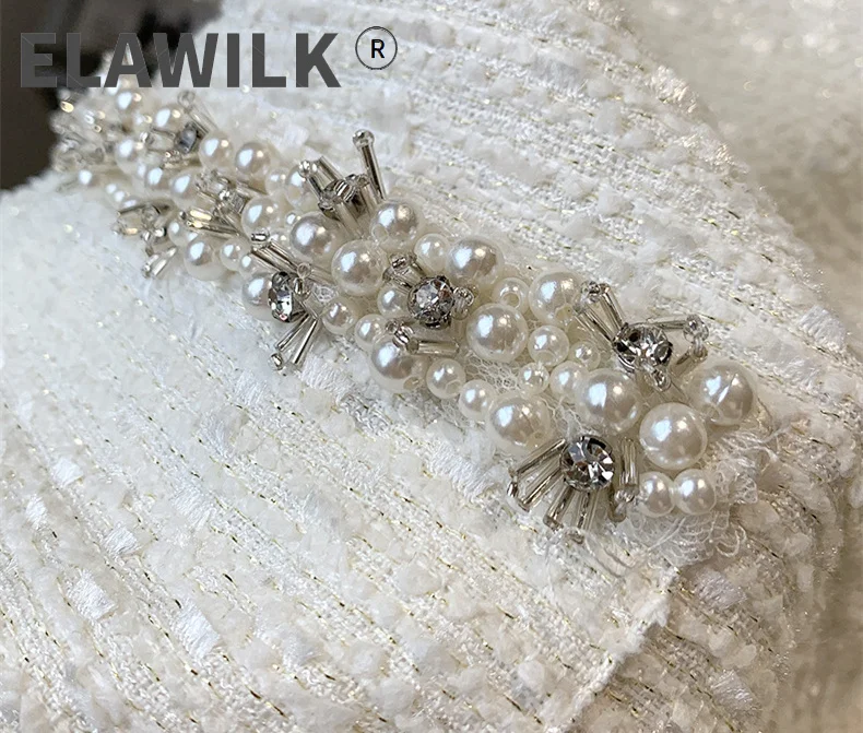 

Autumn Winter White Tweed Dress 2021 Fashion Fancy Round Neck Short Sleeve Pearls Beaded Loose Straight Casual Dress For Women