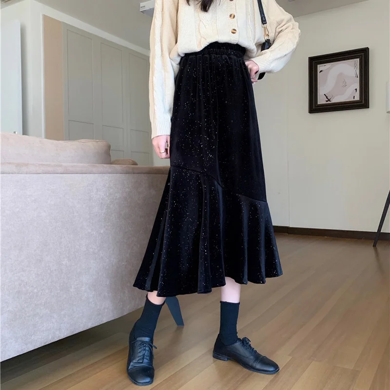

Autumn/winter Black Velvet A- Line Skirt 2021 New Women's High Waist Mid-length Pleated Fishtail Skirt