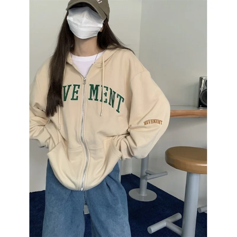 

Свитшот с капюшоном, кардиган, Женский Осенний Свободный Топ в корейском ретро-стиле с вышивкой в американском стиле, топ с длинными рукавам...