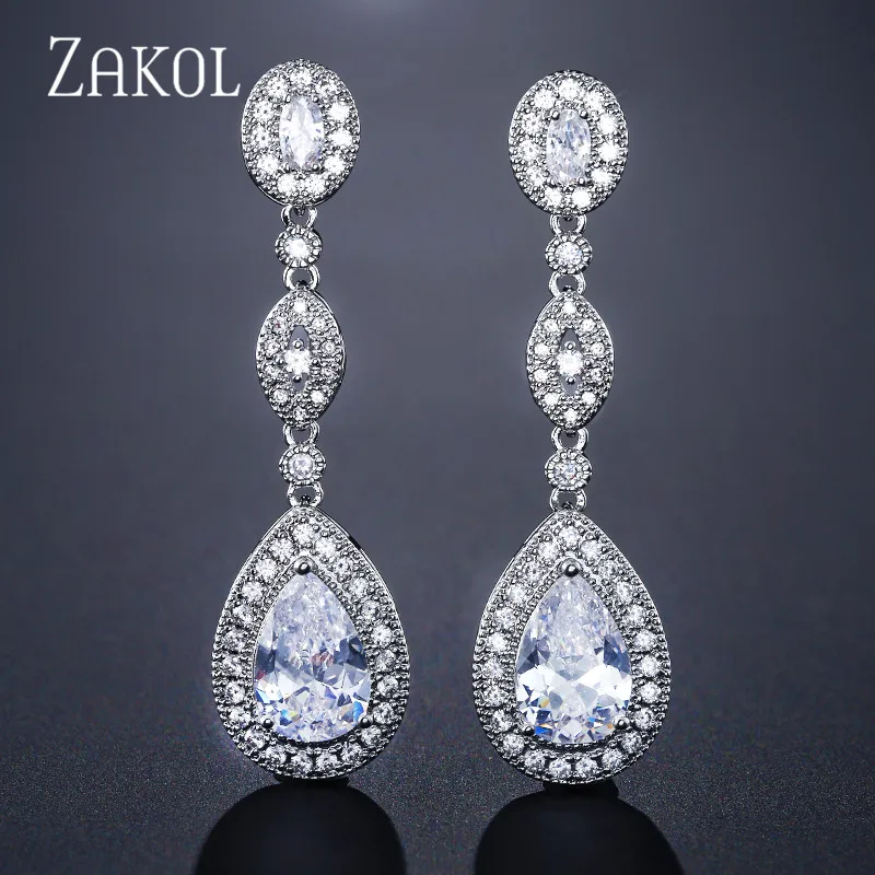

ZAKOL Luxury Water Drop Pear AAA Cubic Zirconia Long Dangles Earrings for Elegant Women Bridal Wedding Jewelry Dress FSEP2167