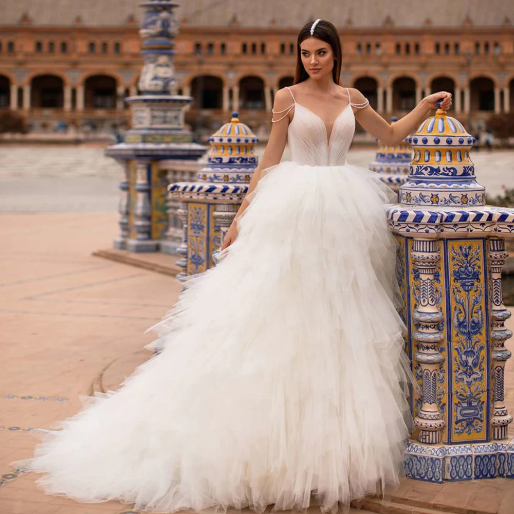 

South African Wedding Dresses A-Line Spaghetti Straps Tulle Tiered Plus Size Boho Vestido De Noiva Wedding Gown Bridal Dresses