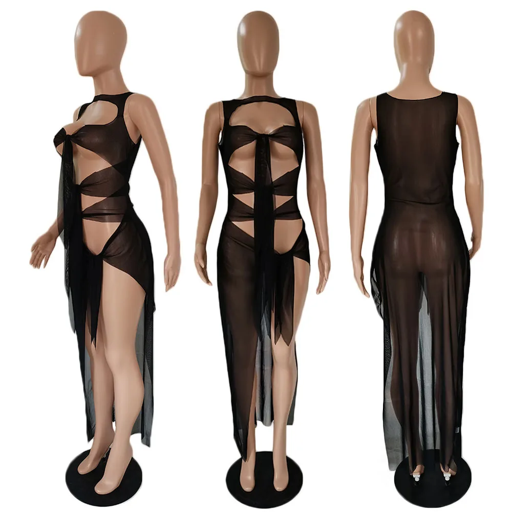 

2021 Summer New Cover-ups Women Beach Dress Sexy Mesh See Through Vacation Long Dresses Hollow Out Bandage Club Party Vestidos