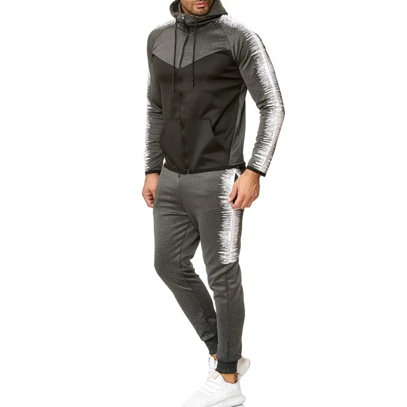 Grey with black 1 Мужской модный спортивный костюм в полоску с принтом в стиле хип-хоп, мужская толстовка с капюшоном в стиле пэчворк, Мужские штаны для бега, уличный Повседневный Спортивный костюм для мужчин - Цвет: Grey with black 1