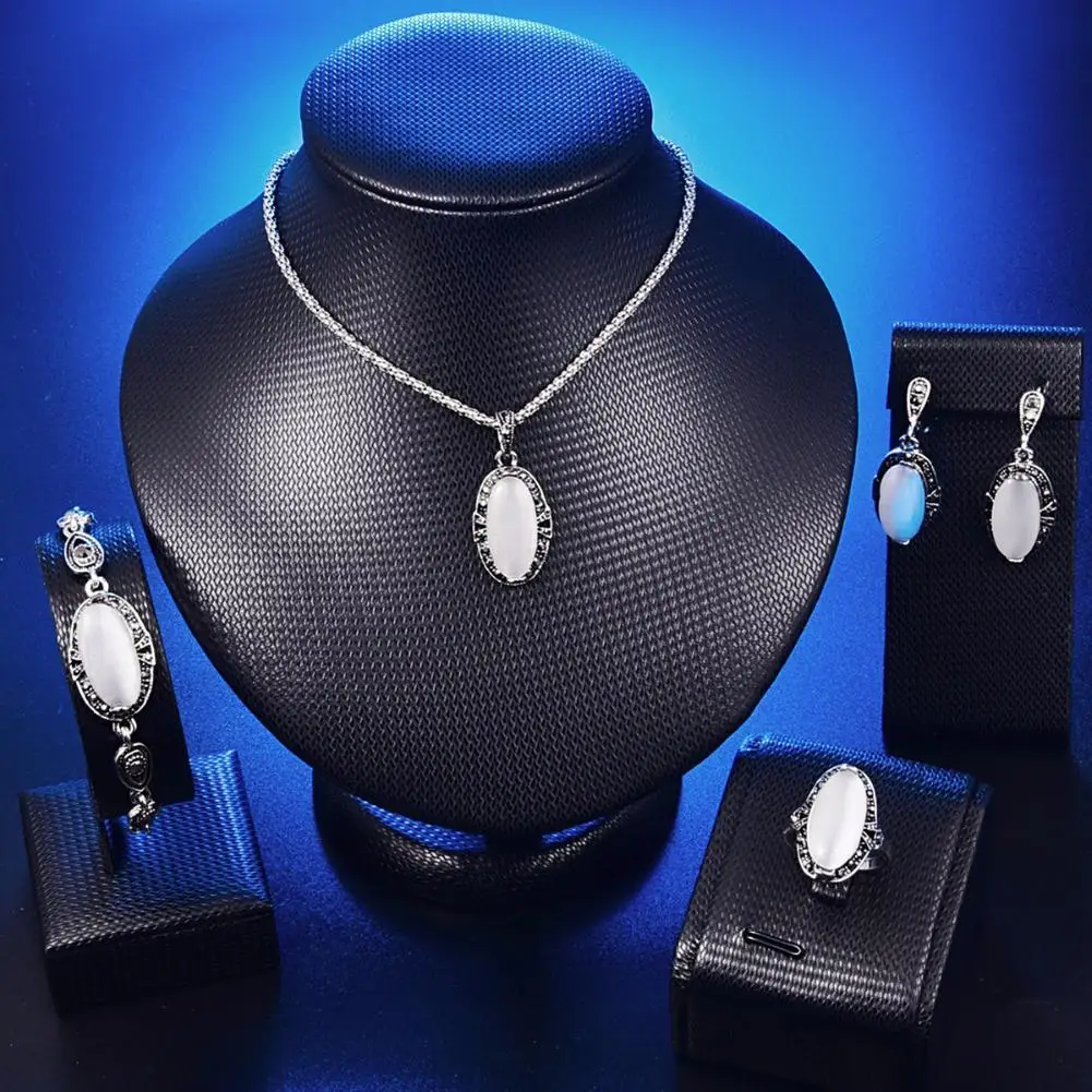

4Pcs Women Faux Opal Oval Pendant Necklace Bracelet Earrings Ring Party Jewelry