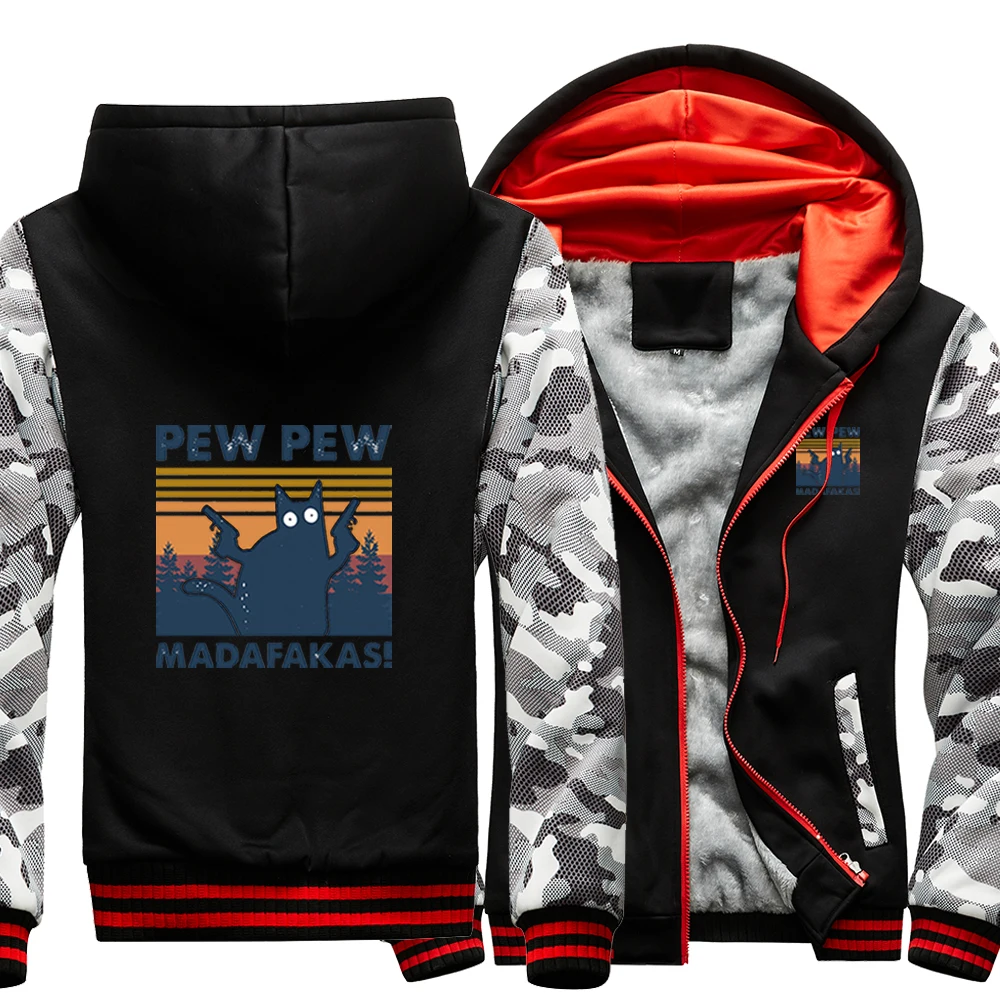 

Funny Cat Pew Pew Madafakas Anime Kawaii Raglan Thick Hoodies Top Men Jackets Winter Warm Sweatshirt Printed Raglan Black Coats