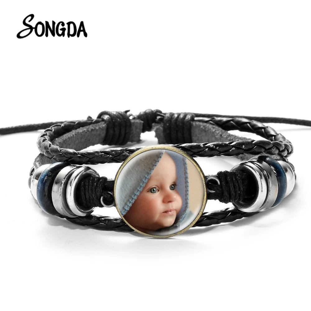 Индивидуальный кожаный браслет ручной работы с именем и логотипом детского фото