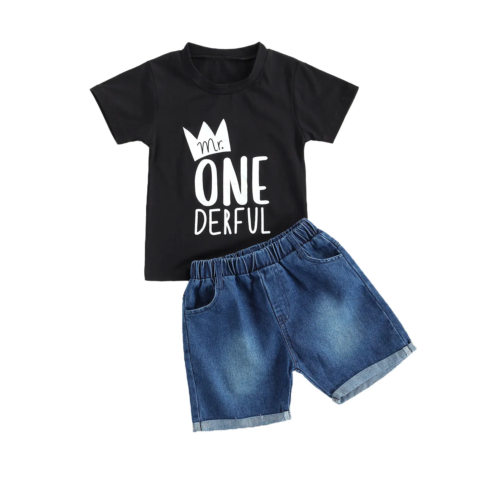 2Pcs Fashionable Baby Boys Outfit Toddler Creative Crown Letter Print Round Collar Short Sleeve Tops Denim Shorts Casual Set |
