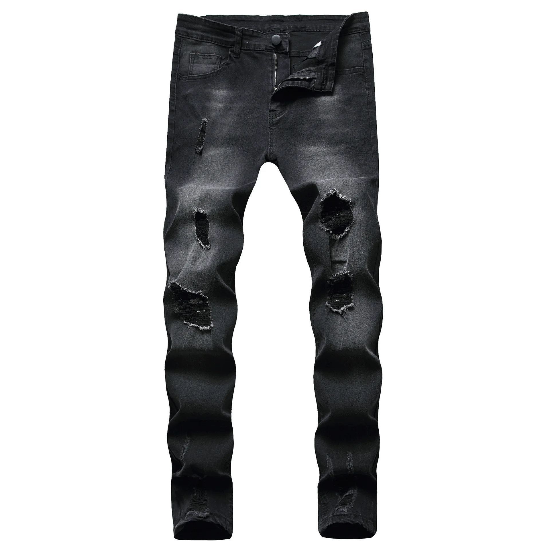 

Men casual jeans spring and autumn new solid color washed distressed hole Slim stretch straight denim trousers male pencil pants