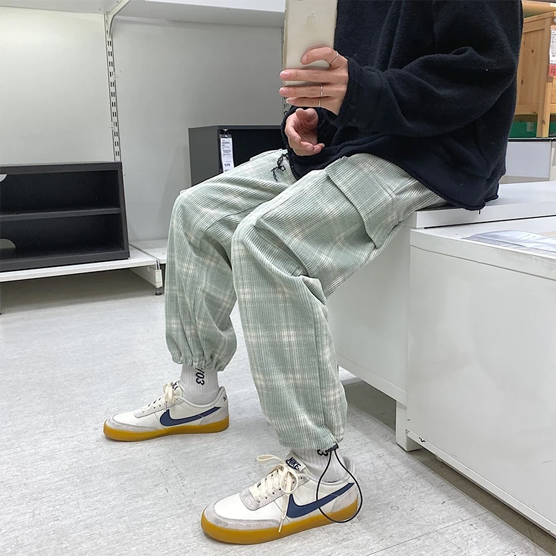 

Mens Plaid Casual hip hop cargo pants korean fashion streetwear baggy clothing 2020 Heavyweight Autumn Winter Corduroy Trousers