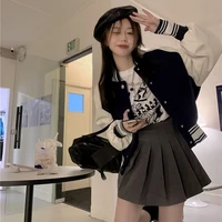 make firm offers brief paragraph coat cloth pu leather stitching baseball uniform short coat pure color pleated skirt