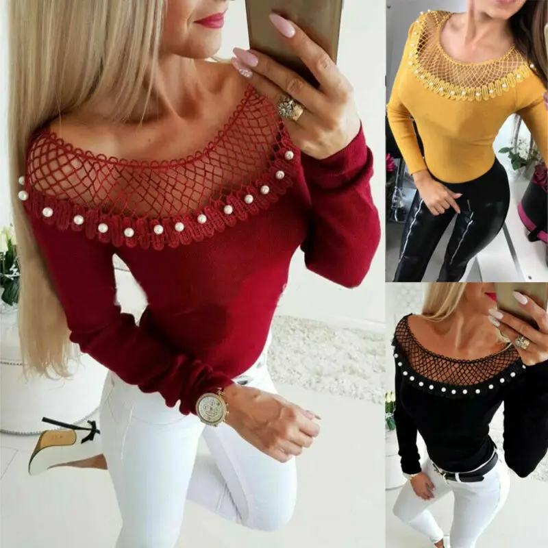 Sexy Women Hollow Out Net Neck Pearls Sweaters Long Sleeve Knit Jumper Tops Solid Slim Beads Pullovers Casual Autumn Knitwear | Женская