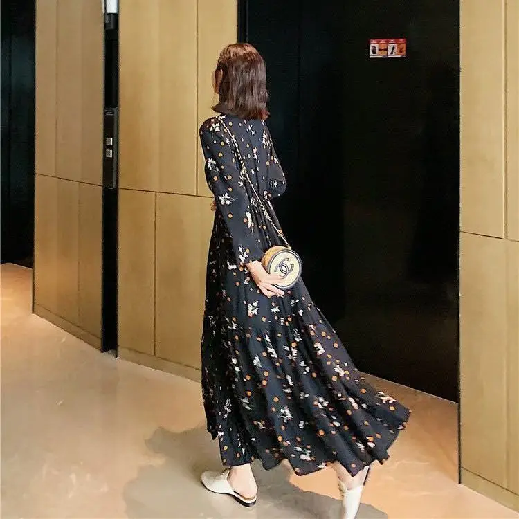 

Skirt Spring and Autumn Mid-Length Dress Women's Elegance Retro Printed Dress Woman Dresses Vestido De Mujer Femme Robe