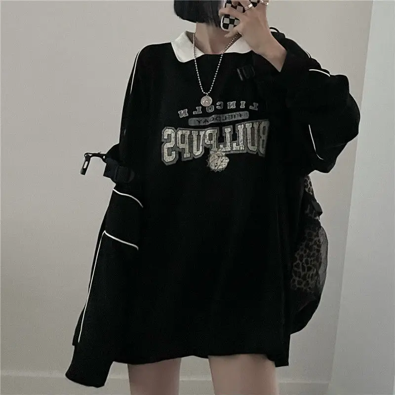 

WEEK Vintage POLO Collar Letter Print Oversized Sweatshirt Women Harajuku High Street Hip Hop Long Sleeve Hoodies 2021 Autumn