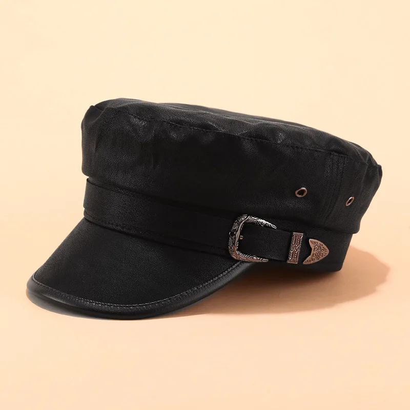 Осенне зимние женские армейские Кепки из искусственной кожи женская черная