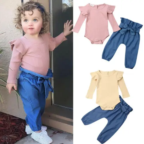

Pudcoco US Stock Sweet 0-24M Newborn Baby Girl Fall Clothes Long Sleeve Solid Romper Top Bow Pants Trouser Cotton Outfits Set
