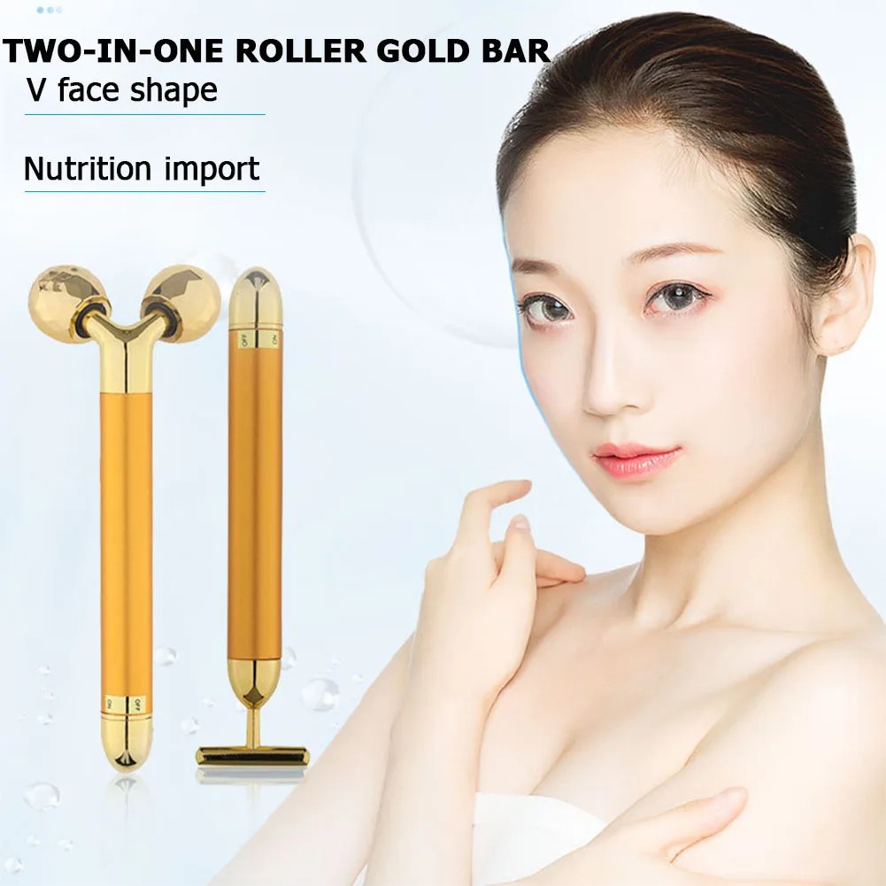 2 in 1 Energy Beauty Bar 24k Golden Vibrating Facial Roller Massager Face Lifting Anti-wrinkle Skin Care Gemstone Ball | Красота и
