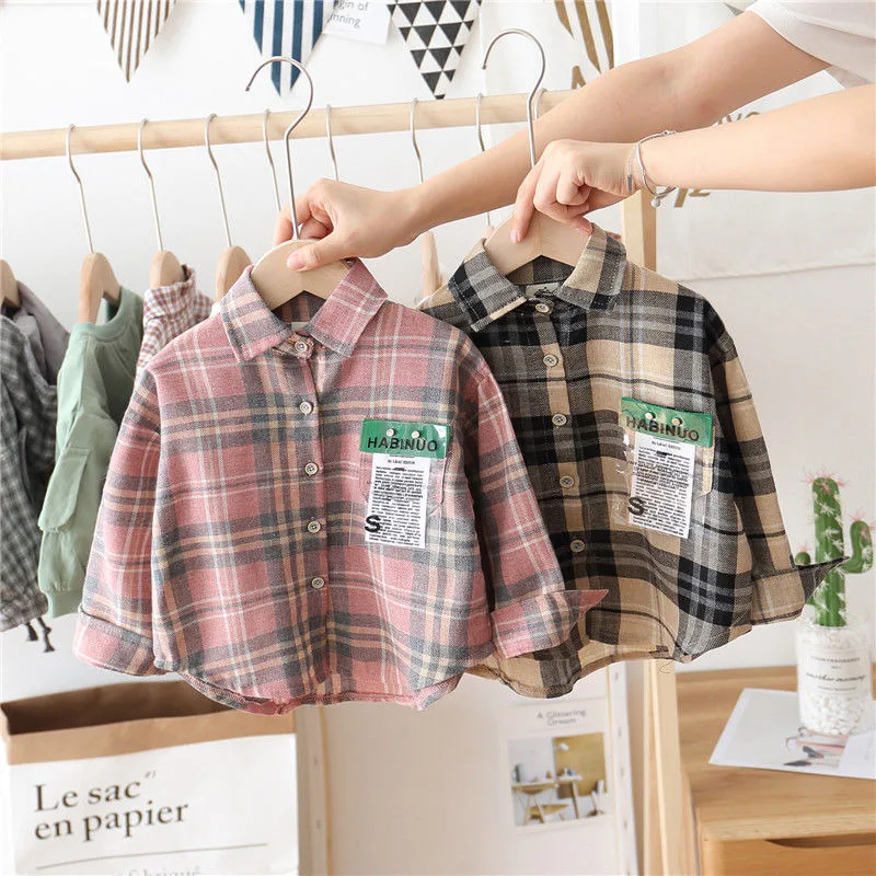 Детская одежда для мальчиков и девочек плед рубашки блузки с длинными рукавами