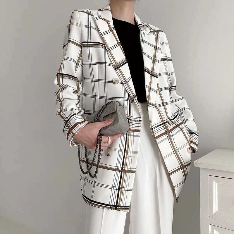 

TMODA407 Za Women Oversized Plaid Double Breasted Blazer Elegant Office Work Business Formal Check Jacket Suit Coat Fall Outwear