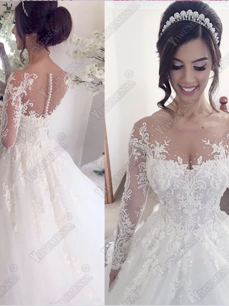 Model Color Роскошное бальное платье свадебное платье размера плюс Robe De Mariee вышитый бисером кружева для невесты платье с длинными рукавами платья невесты Vestido De Novia - Цвет: Model Color