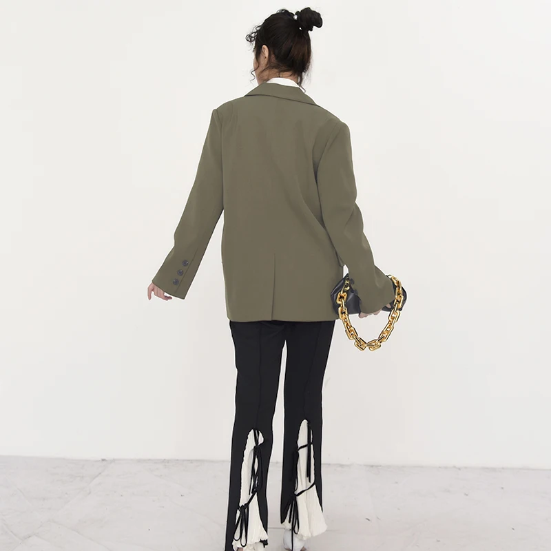 

Bandage Women Brown Temperament Blazer New Lapel Long Sleeve Loose Fit Jacket Fashion Tide Spring Autumn 2021 1DB32617