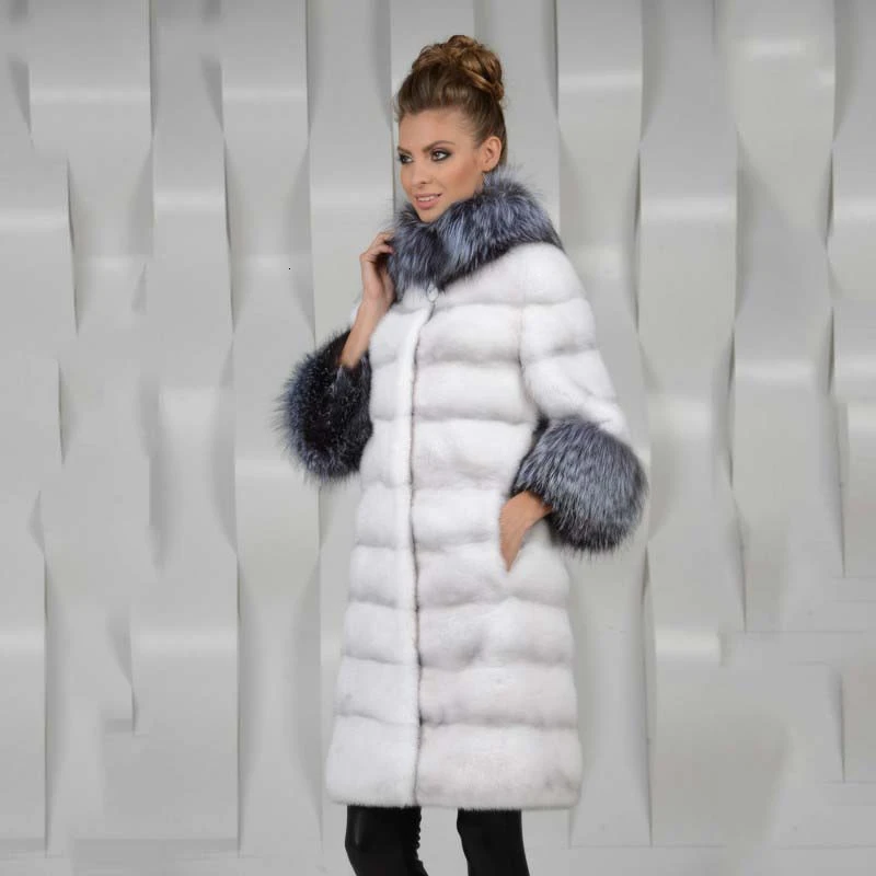 Женское пальто с натуральным мехом норки зимнее большого размера из натуральной