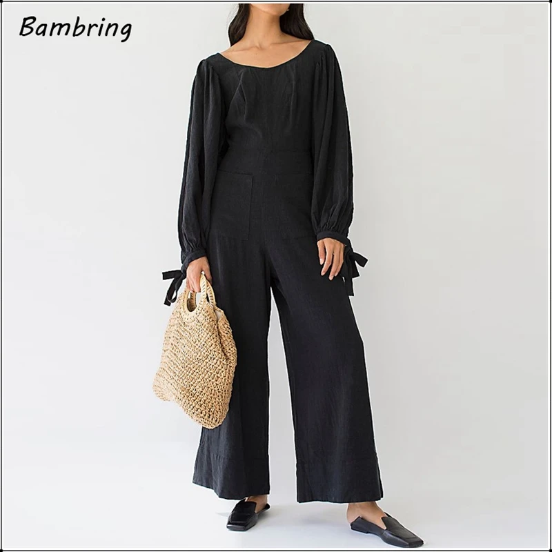 

Women Backless Long Sleeve Jumpsuit Elegant Lace Up Evening Party Rompers Solid Color Casual Wide-leg Pants New Autumn Custom