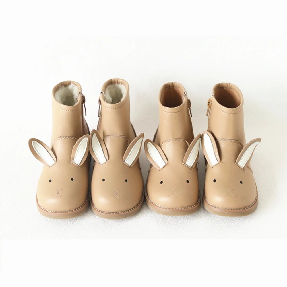 Winter Genuine Leather Children's Short Boots Warm Lambswool Cartoon Bunny Baby Girls Ankle Boots Cowhide Boys Snow Boots