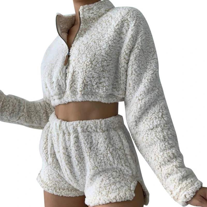 

Women Fuzzy Plush Tracksuit Turtleneck Zip Sweatshirt Shorts Solid Loungewear