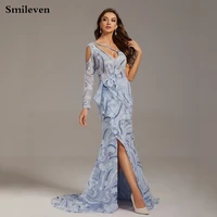 smileven real photos printing merrmaid formal evening dress side split long sleeve one shoulder prom dresses party gowns