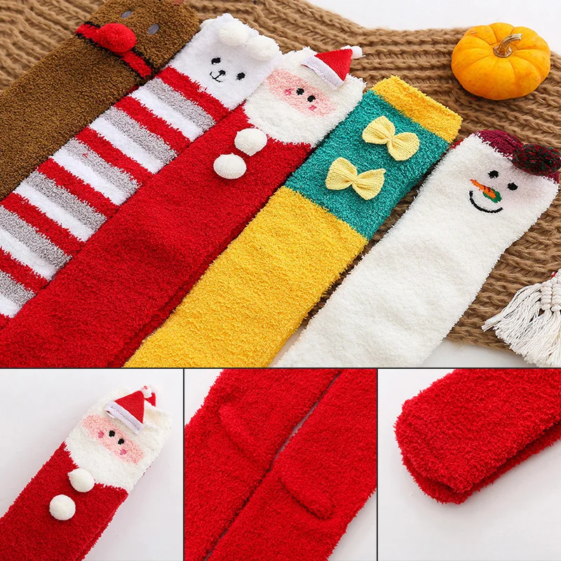 

Christmas Stockings Women's Socks Cartoon Coral Velvet Long Socks Santa Claus Snowman Thick Warm Knee High Socks Xmas Gift
