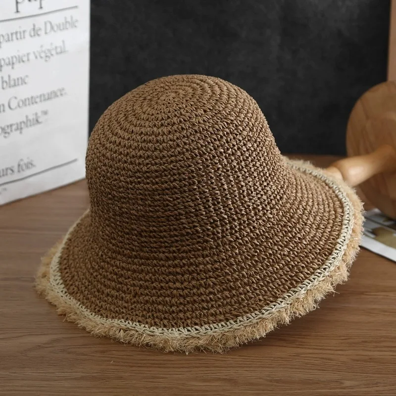 

Плетеная вручную соломенная шляпа 2021, Женская Солнцезащитная пляжная шляпа с меховыми краями из рафии, складная шляпа, Панама