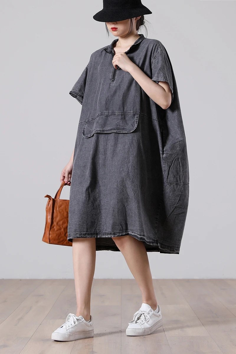 

IEQJ 2021 new summer plus size half zippers light gray pullover pocket loose size dress washed denim vestido WS20702