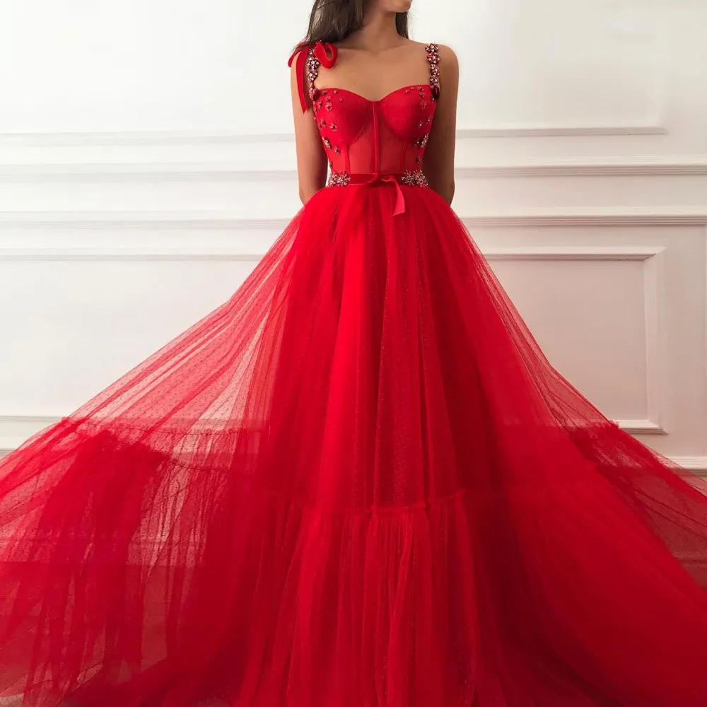 

Pretty Hot Red Tutu Floral Evening Dresses With Crystal Sash Bow Beaded A-line Prom Gowns Abendkleider Formal Dress 2021