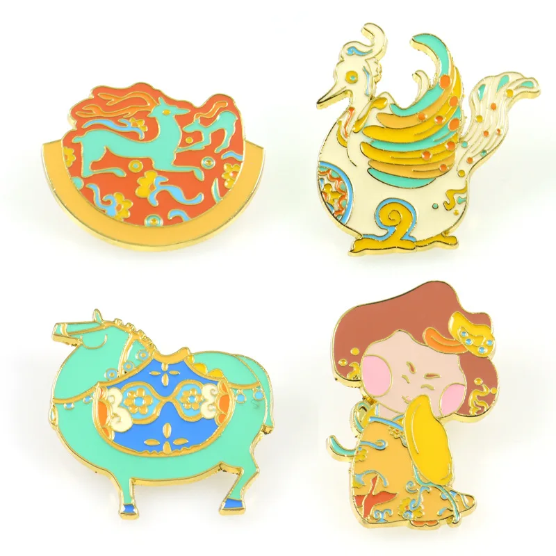 

HOSENG Ancient Chinese Creative Culture Cartoon Brooch Tang Dynasty Retro Enamel Pin Gold Color Women Man Party Gift HS_4359