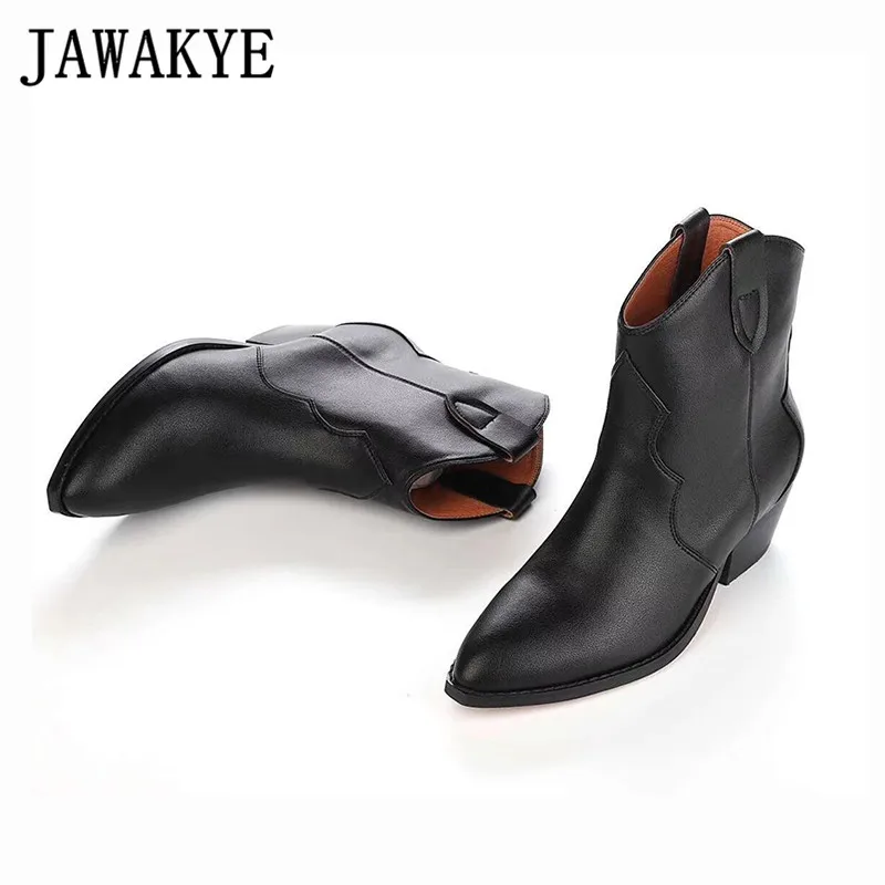 JAWAKYE/высококачественные однотонные короткие ковбойские кожаные ботинки на не сужающемся книзу массивном каблуке; женские ботинки «Челси» без застежки на плоской подошве; женские замшевые ботильоны из натуральной кожи; botas mujer