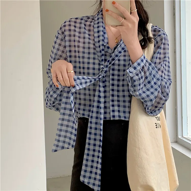 

Blue Plaid Shirt Women Sunscreen Shirt Blouse Design