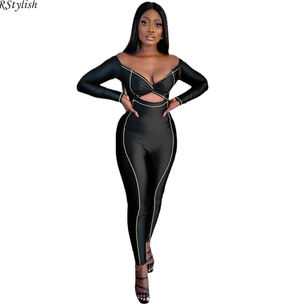

Новинка весны, яркий Облегающий комбинезон с длинным рукавом и украшением в виде линии, элегантный женский костюм с открытыми плечами