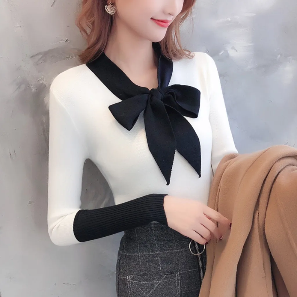 Женский Осенний вязаный свитер с контрастной строчкой джемпер длинным рукавом и