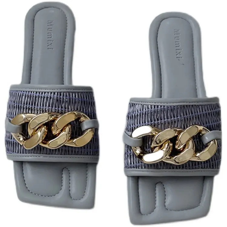 

Flat Shoes Female Square Toe Slippers Women Summer Low Slides Rivet Fashion Pantofle Soft Luxury 2021 PU Fabric Hoof Heels Metal
