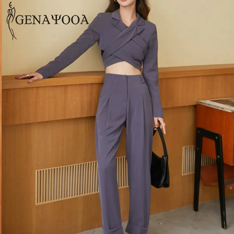 

Genayooa Office Ladies Elegant Blazer And Pants Set For Women Criss Cross Lace Up Tracksuit For Women Two 2 Piece Set Fashion