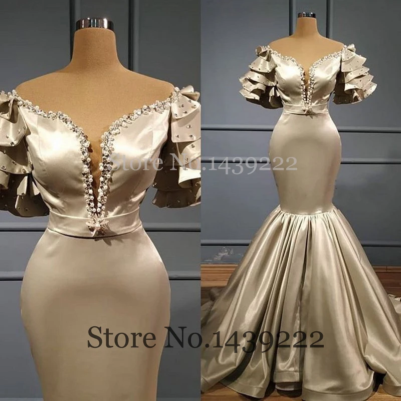 

Sexy Mermaid Off The Shoulder Evening Dresses Pearls Prom Arabic Vestidos De Fiesta De Noche Robe De Soiree Plus Size