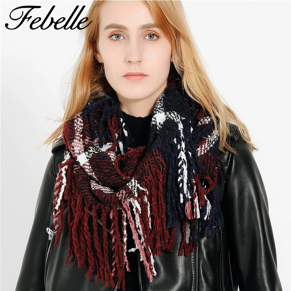Febelle, зимний женский клетчатый шарф, кашемировый вязаный снуд, шарф, теплый, Сарф, бесконечность, шарфы, шейный платок, кольцо, шарф для женщин