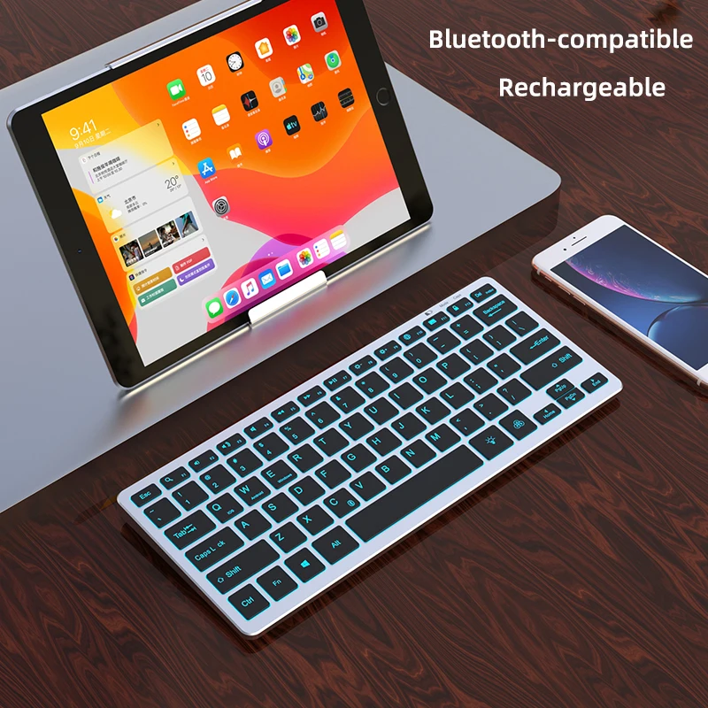 

Перезаряжаемая беспроводная клавиатура, совместимая с Bluetooth, 7-цветная светодиодная клавиатура с подсветкой для iPad, Macbook, ноутбука, ПК, ТВ, пл...