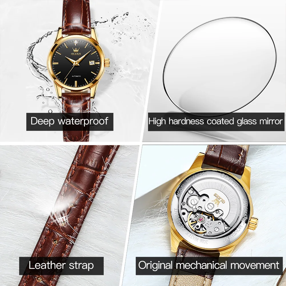 OLEVS Watches for Women Brown Leather Women Automatic Watch Mechanical Fashion Ladies Watches Casual 30M Waterproof WristWatch enlarge