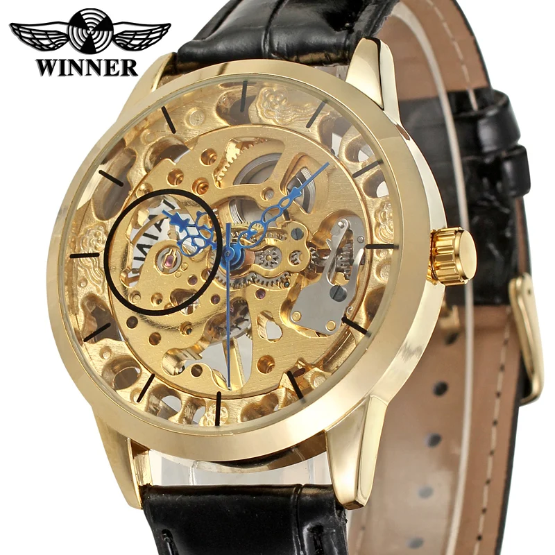 

Мужские часы Winner, деловые повседневные часы с прозрачным циферблатом и кожаным ремешком