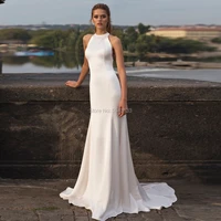halter wedding dresses 2021 elastic satin mermaid off shoulder sleeveless wedding bridal gowns floor length white bride dress