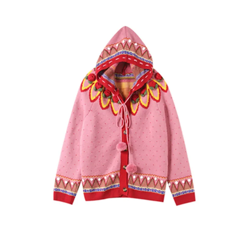 Женский кардиган с капюшоном Теплый Зимний Свитер оверсайз вышивкой 2021 |
