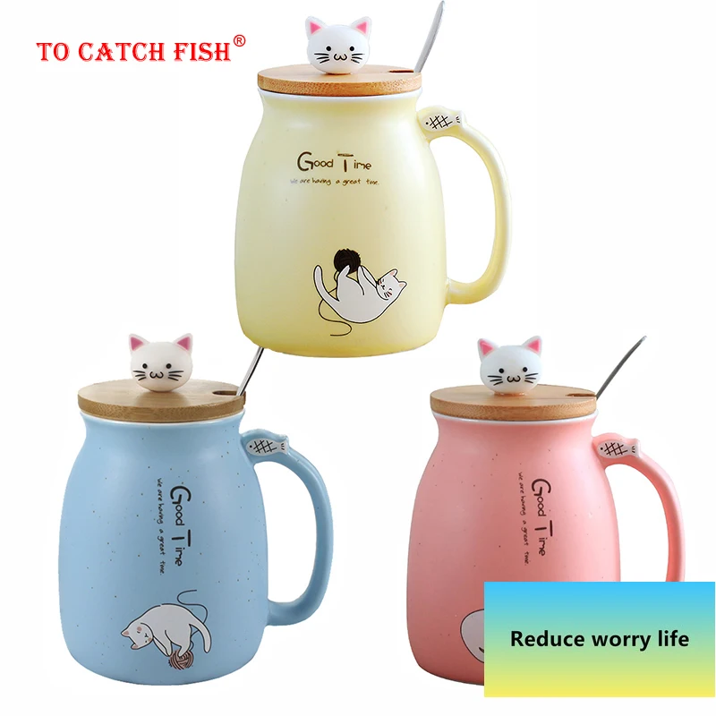 Креативная цветная термостойкая кружка с изображением кота мультяшная крышкой