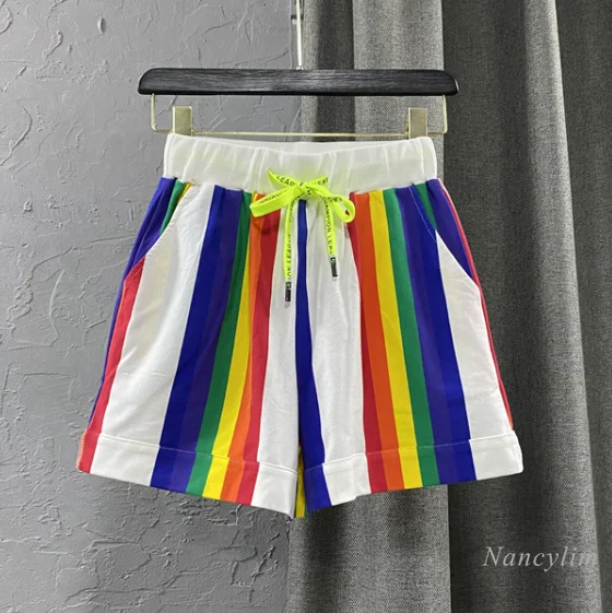 

Color Striped Shorts Women's Summer Wear 2021 New Loose Large Size Wide Leg Casual Short Femme Nancylim