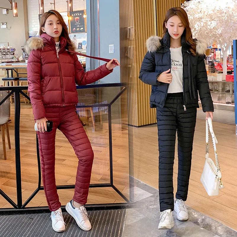 Tracksuit Women Set 2020 Winter Faux Fur Collar Hooded Jacket Coat+Pants Suits Female Causal Warm Thick Clothes 2 Piece Outfits